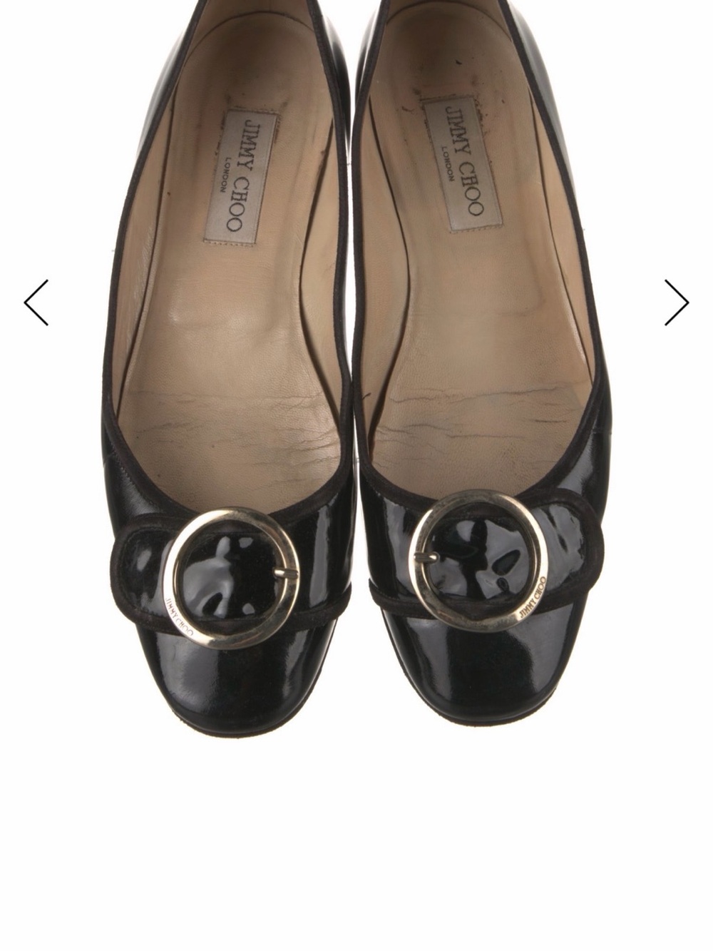 Jimmy Choo Black Patent Leather Ballerina Flats with Gold Circular Buckles